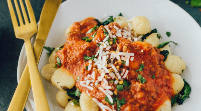potato gnocchi with vegan chorizo sauce